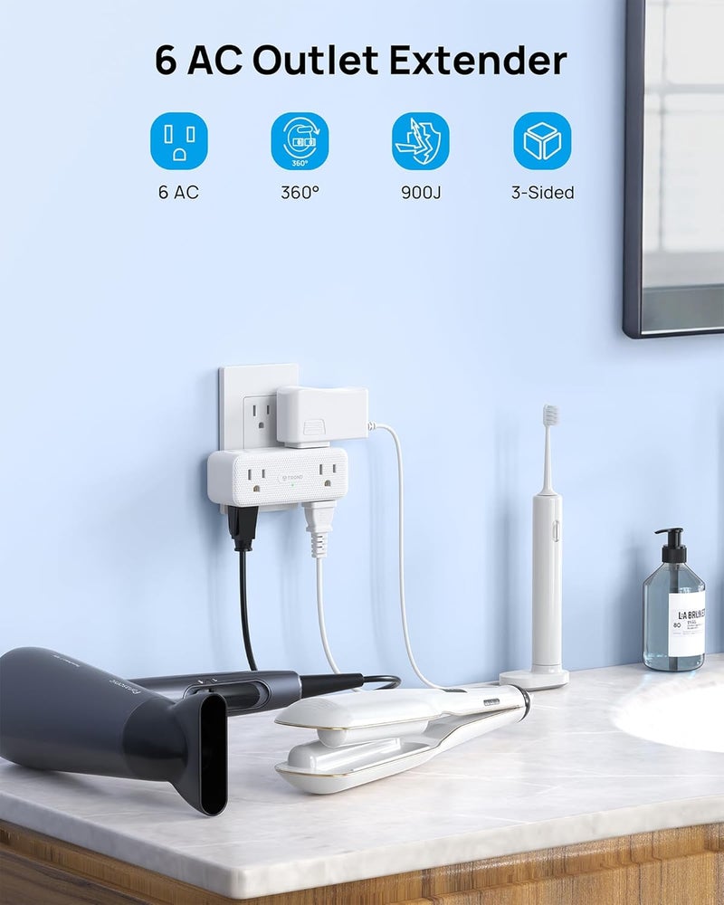 TROND Multi Plug Outlet Extender 2 Pack - 6 AC Outlet Splitter with 360° Rotating Plug, Wall Plug Adapter, 3 Way Multiplug Expander, Swivel Wall Extension Adapter for Bathroom Kitchen Office Travel - Image 2